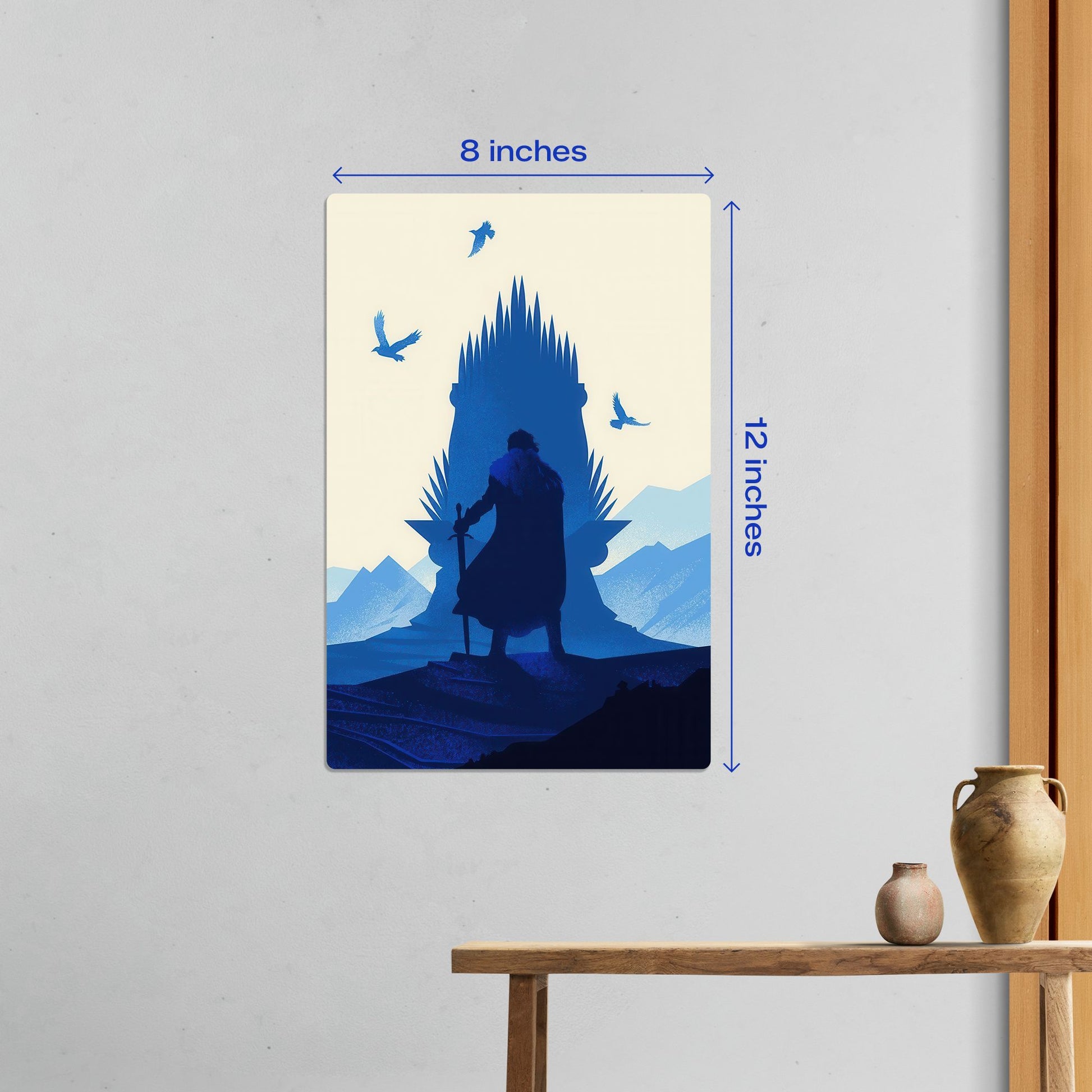 Small 8x12 inch Jon Snow Iron Throne metal poster shown in a home interior to demonstrate small-scale wall art sizing.