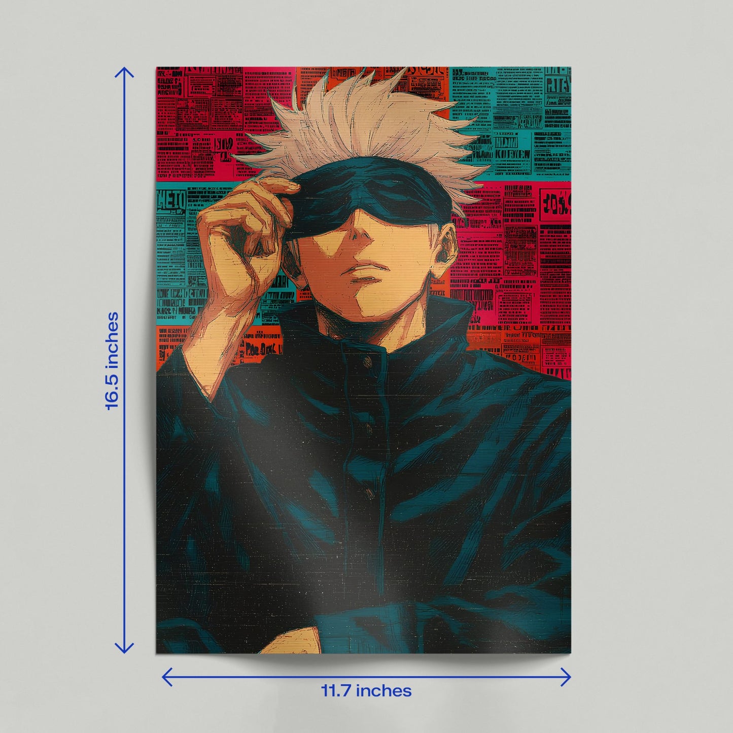 Hand holding a Jujutsu Kaisen Gojo Satoru poster featuring detailed anime artwork and a stylized multi-colored background.
