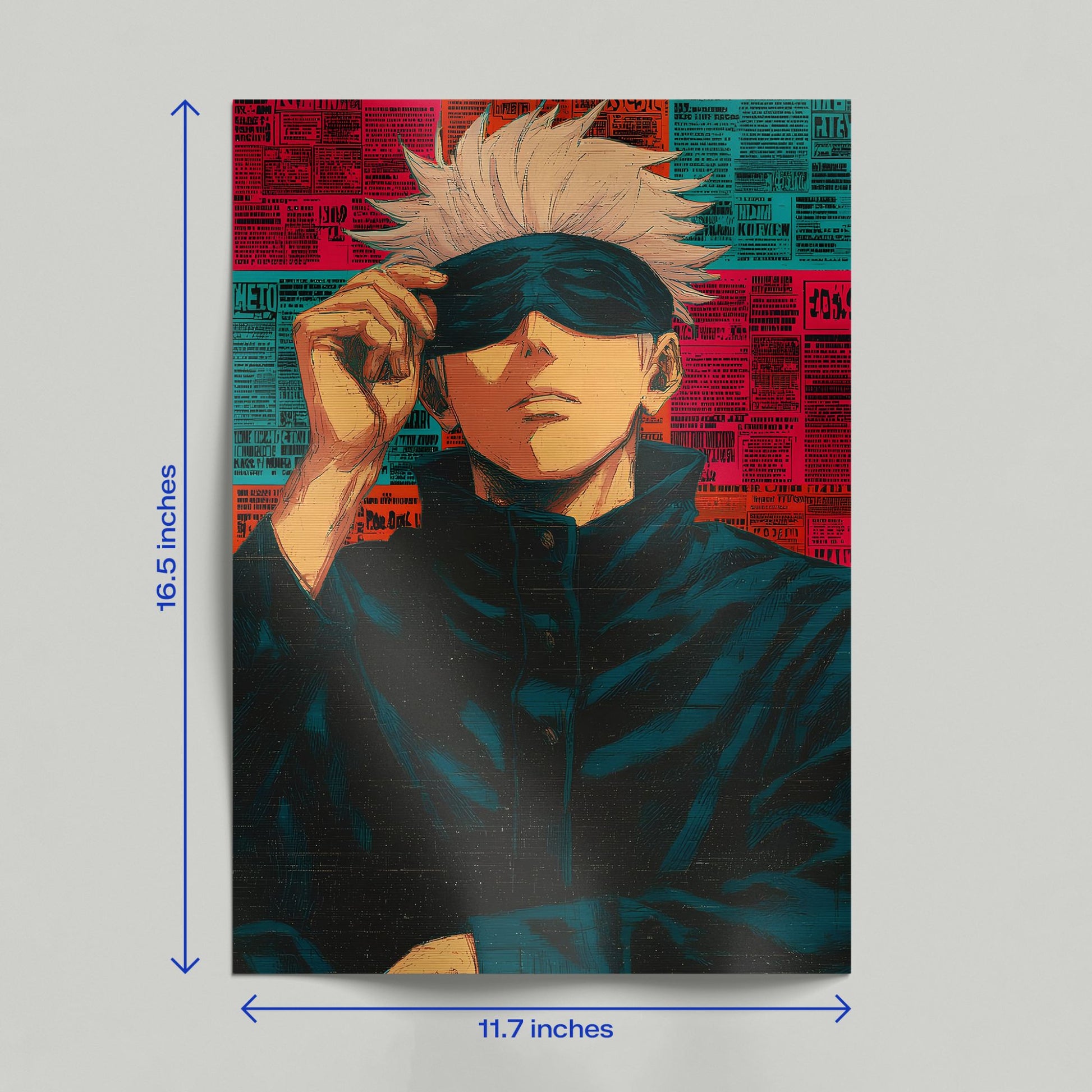 Hand holding a Jujutsu Kaisen Gojo Satoru poster featuring detailed anime artwork and a stylized multi-colored background.