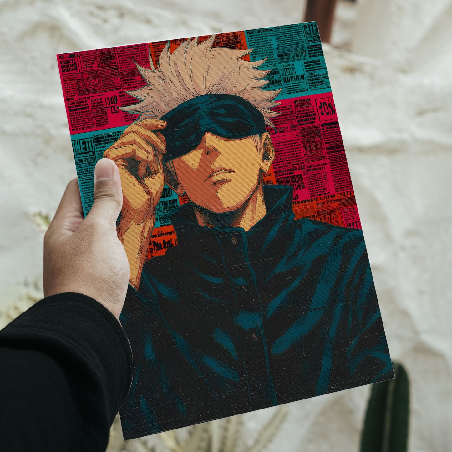 Large 11.7 by 16.5 inch Jujutsu Kaisen manga poster featuring Gojo Satoru with a blindfold and colorful newspaper collage background.