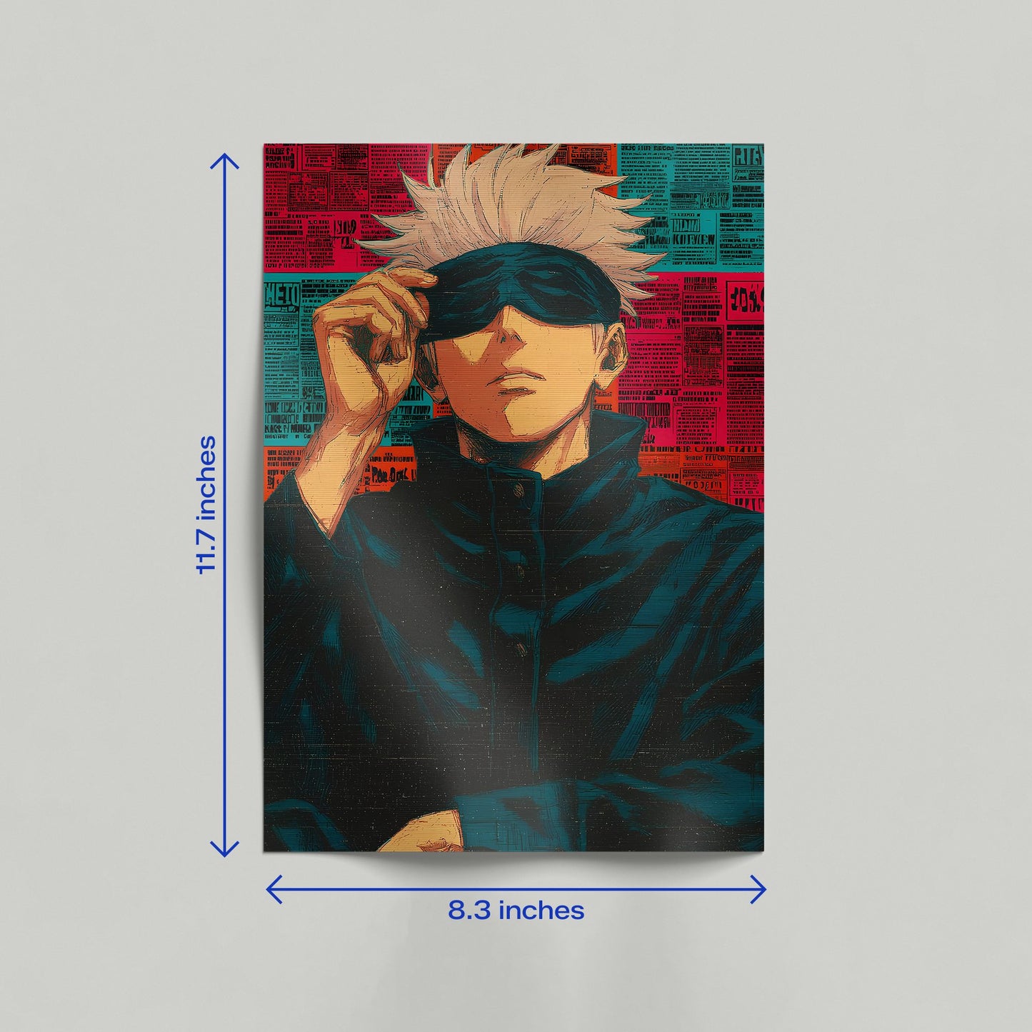 Modern Jujutsu Kaisen Gojo Satoru manga art print leaning against a wall in a clean home interior.