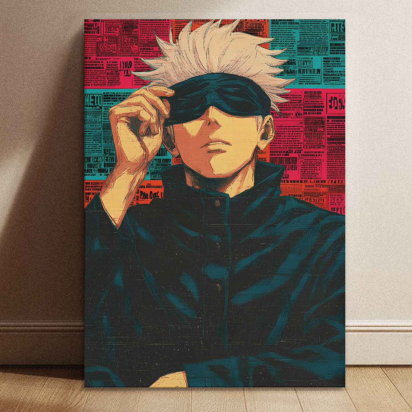 Jujutsu Kaisen Gojo Satoru manga art print measuring 8.3 by 11.7 inches with vibrant pop-art style newspaper graphics.