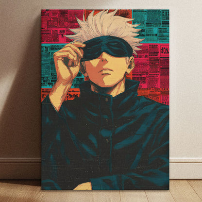 Jujutsu Kaisen Gojo Satoru manga art print measuring 8.3 by 11.7 inches with vibrant pop-art style newspaper graphics.