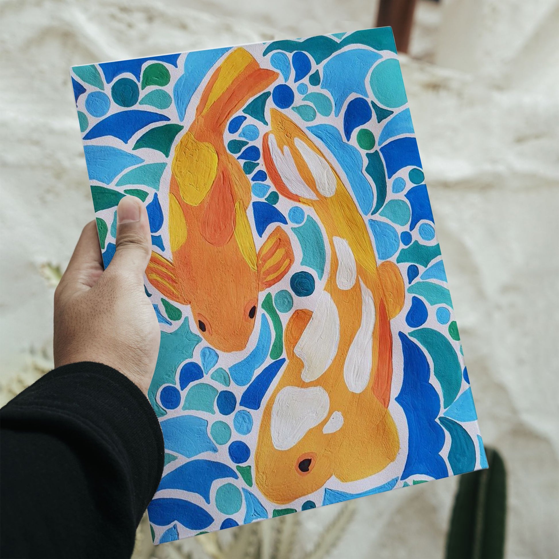 Japanese style koi fish art poster with orange and yellow fish in blue water measuring 8.3 by 11.7 inches.