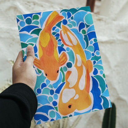 Japanese style koi fish art poster with orange and yellow fish in blue water measuring 8.3 by 11.7 inches.