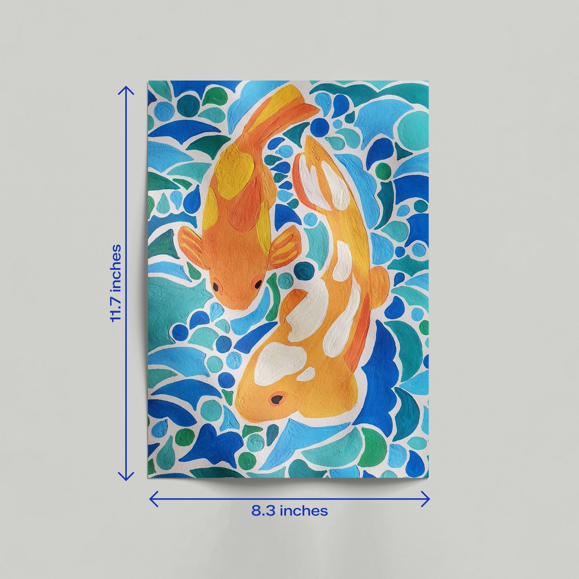 Large 11.7 by 16.5 inch artistic koi fish poster with textured water patterns and bright orange tones.