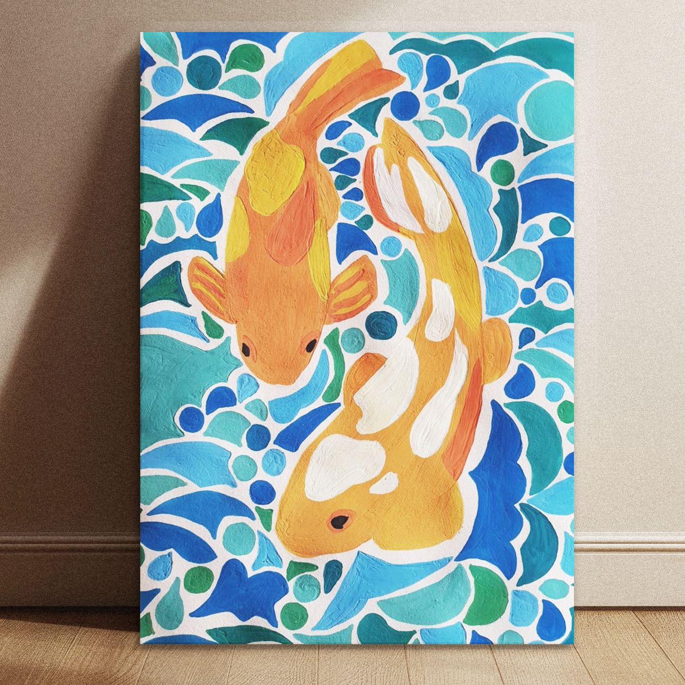 Vintage inspired koi fish pond art print leaning against a wall in a modern home interior.