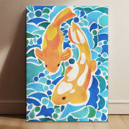 Vintage inspired koi fish pond art print leaning against a wall in a modern home interior.