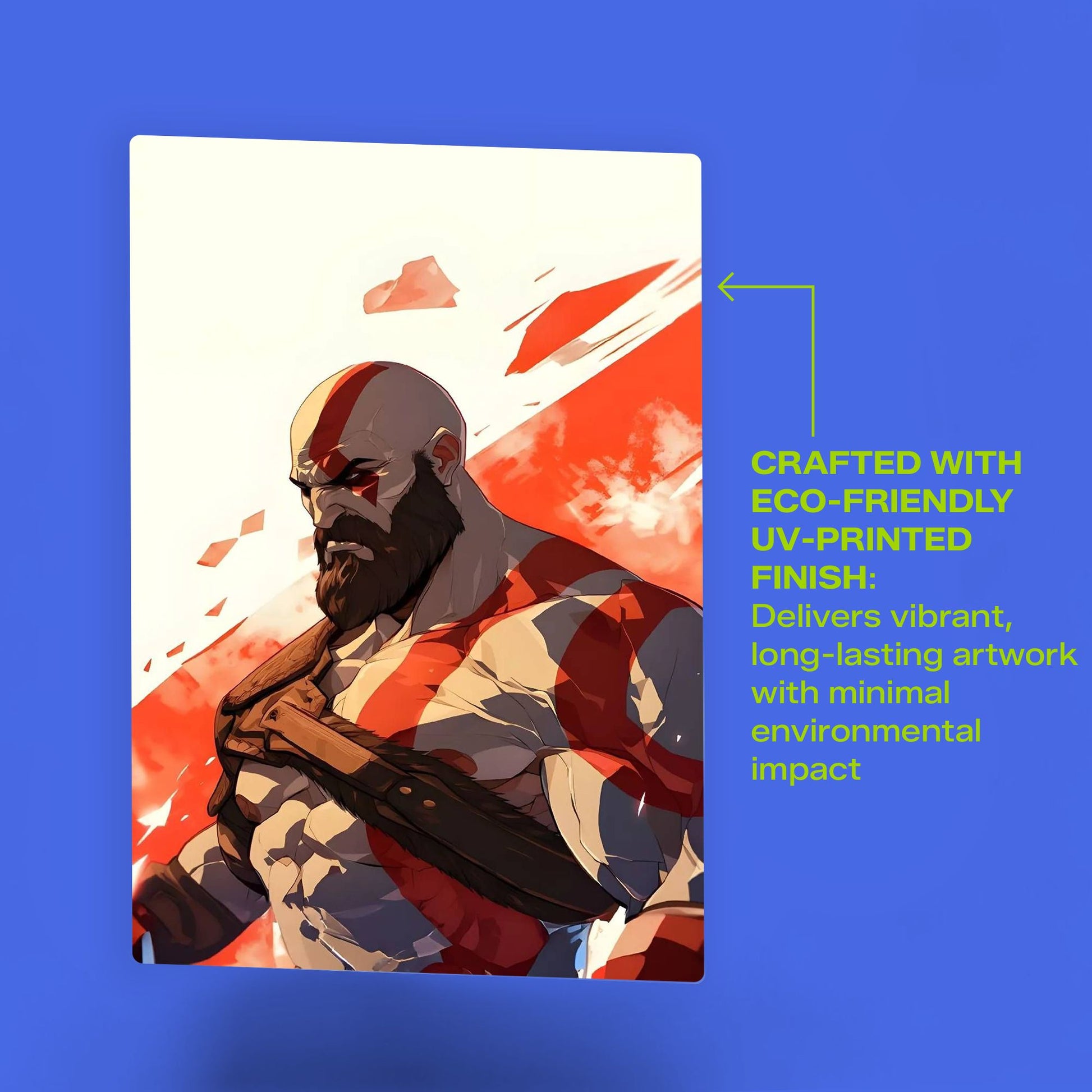 Kratos from God of War metal wall art with eco-friendly UV-printed finish and vibrant red details on a bright blue background.
