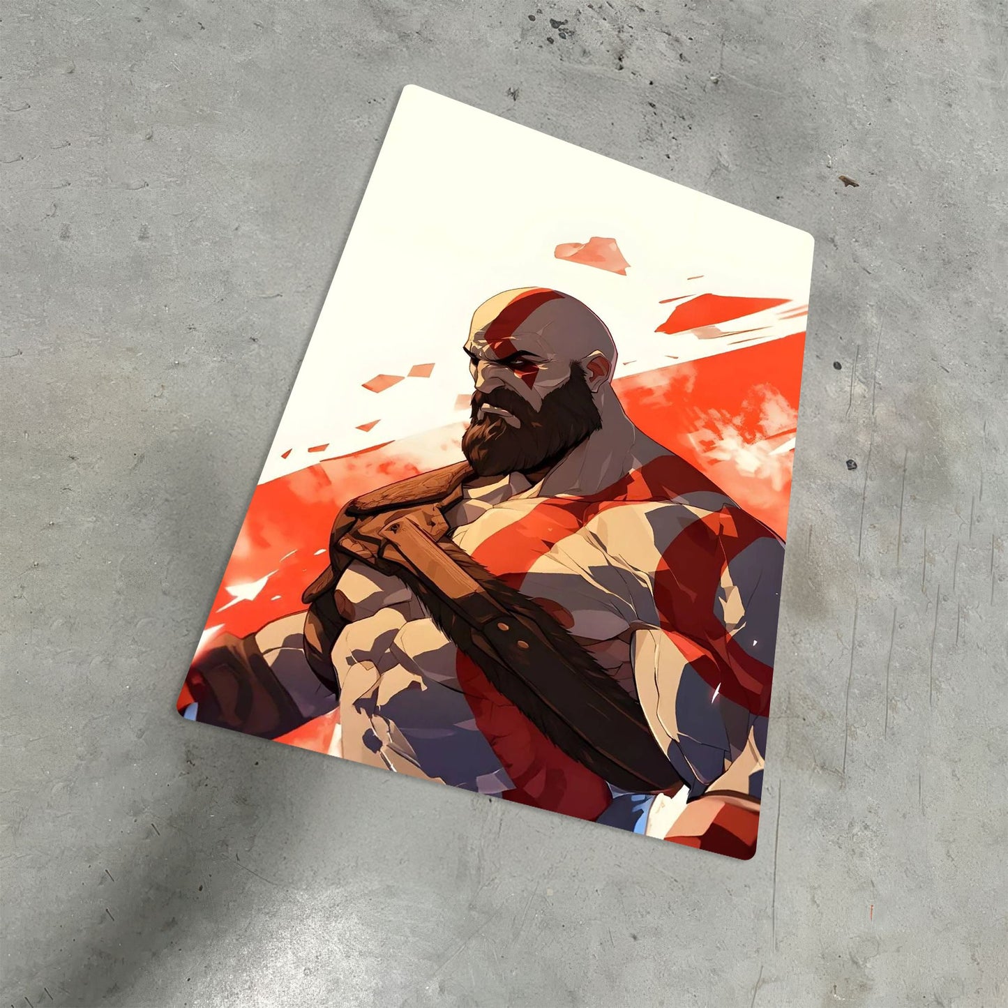 God of War Kratos metal poster on a grey textured floor featuring a detailed red and white illustration of the PlayStation icon.
