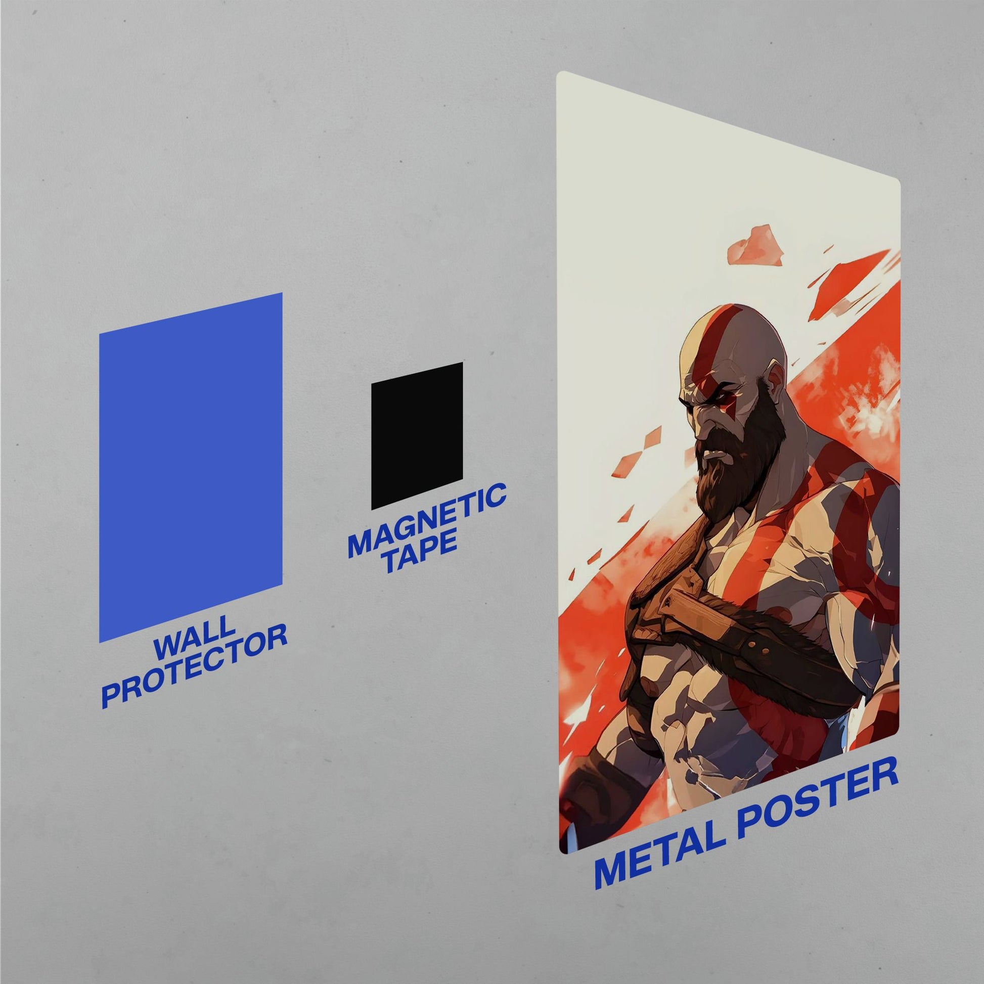 Instructional graphic for God of War Kratos metal poster setup with wall protector and magnetic tape mounting system.