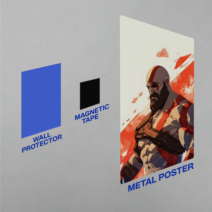 Instructional graphic for God of War Kratos metal poster setup with wall protector and magnetic tape mounting system.