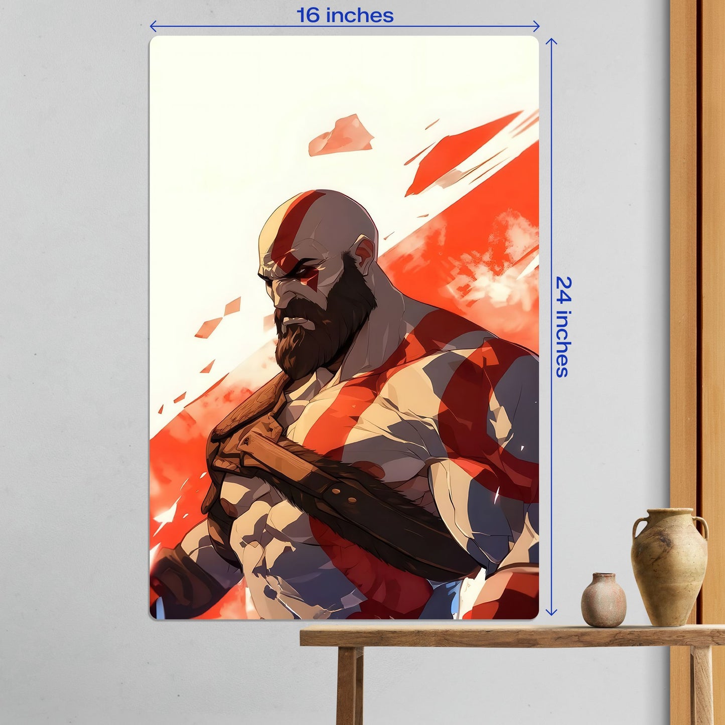 Large 16x24 inch Kratos God of War metal poster displayed in a modern home interior above a wooden console table.