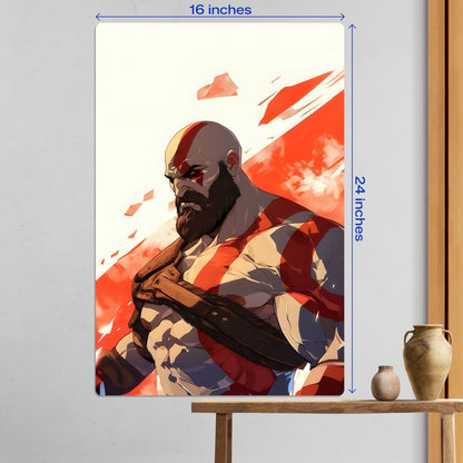 Large 16x24 inch Kratos God of War metal poster displayed in a modern home interior above a wooden console table.