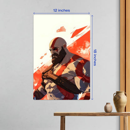 Medium 12x18 inch Kratos metal poster with height and width measurements perfect for PlayStation fans and collectors.
