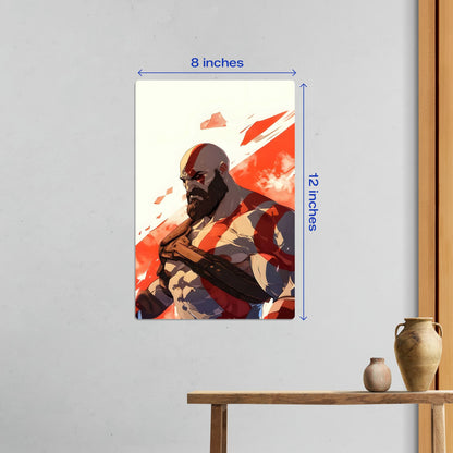 Small 8x12 inch God of War Kratos metal wall art showing size dimensions for compact gaming room decor.