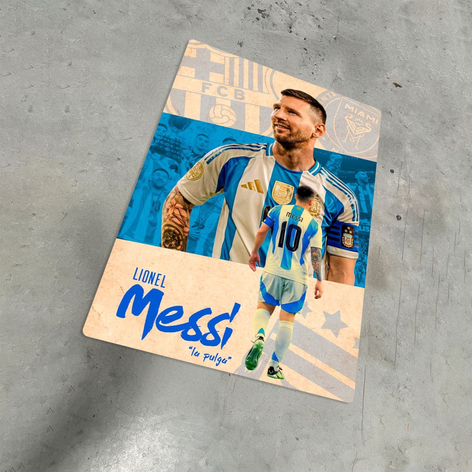Lionel Messi Argentina football legend metal poster artwork on a concrete floor background