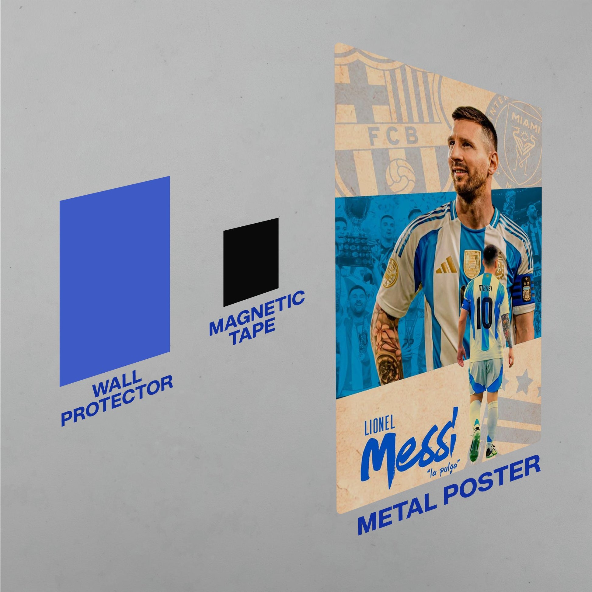 Lionel Messi Argentina football legend metal poster with wall protector and magnetic tape mounting accessories