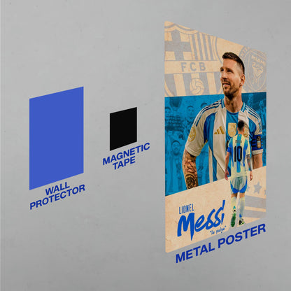 Lionel Messi Argentina football legend metal poster with wall protector and magnetic tape mounting accessories