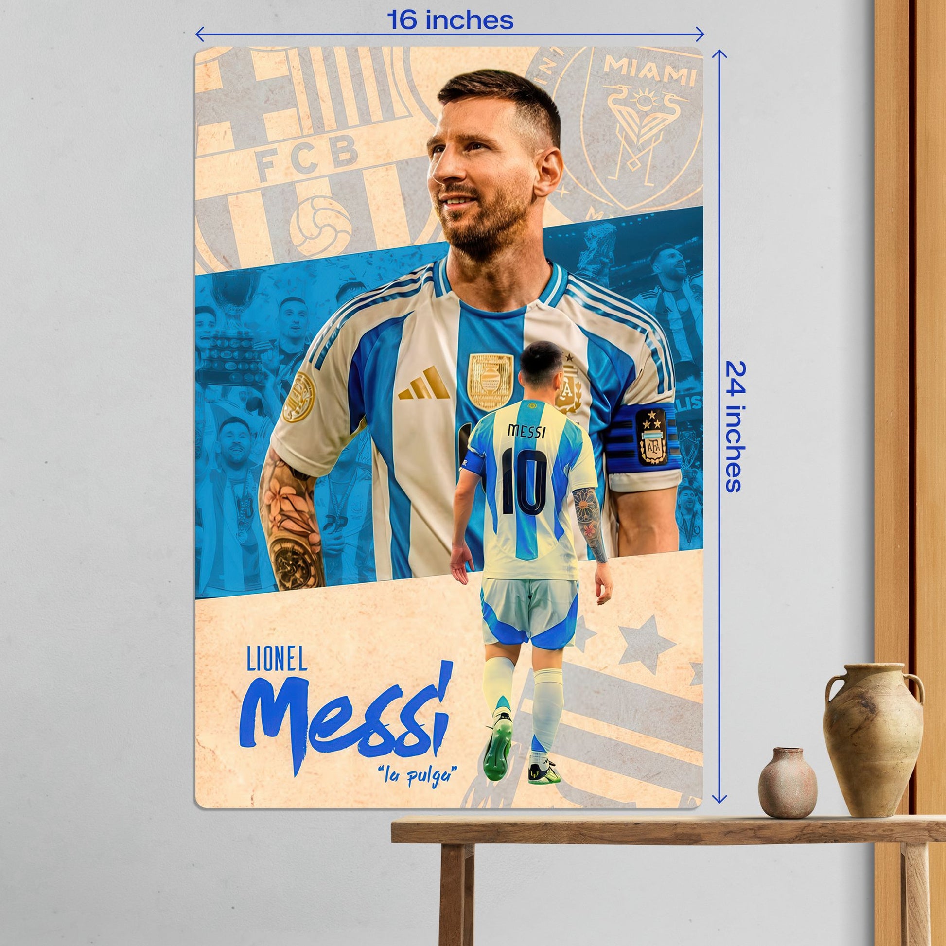 Large size Lionel Messi Argentina football legend metal poster measuring 16 by 24 inches for wall decor