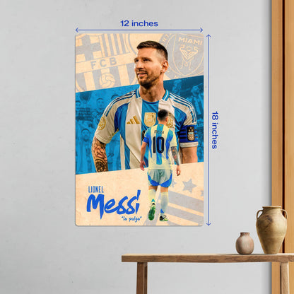 Medium size Lionel Messi Argentina football legend metal poster measuring 12 by 18 inches for wall decor