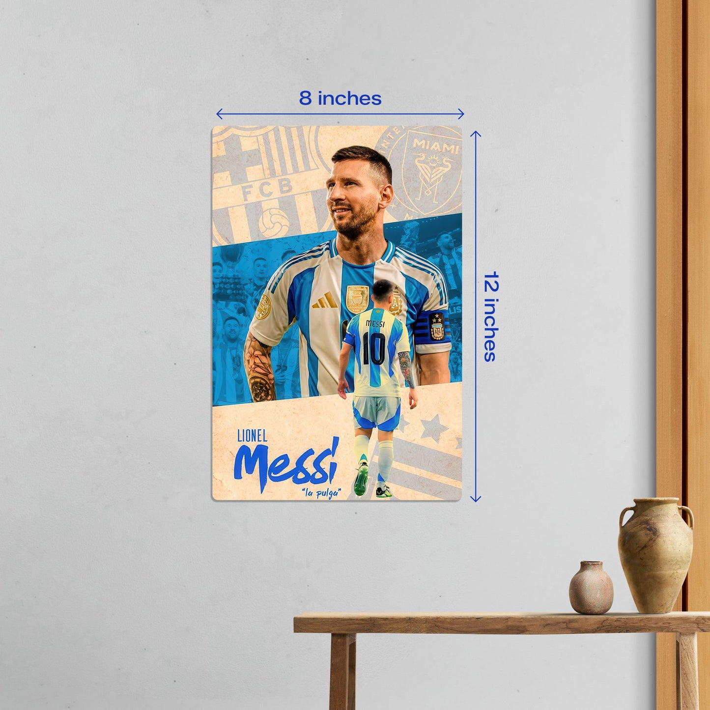 Small size Lionel Messi Argentina football legend metal poster measuring 8 by 12 inches for wall decor