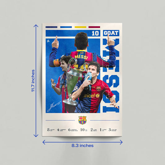 Lionel Messi Barcelona legacy collage poster displayed as a canvas print leaning against a wall in a modern home interior.