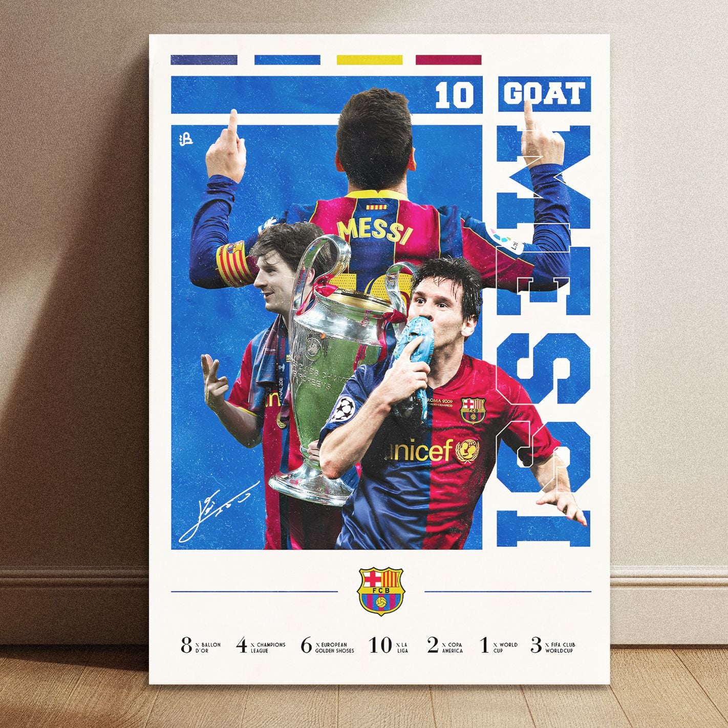 Lionel Messi Barcelona tribute poster featuring iconic goal celebrations and career honors with dimensions of 11.7 by 8.3 inches.