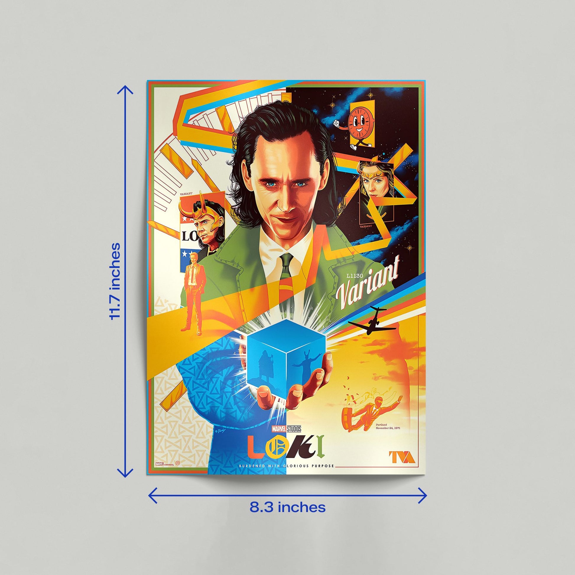 Loki TVA Variant Multiverse premium art poster displayed on a floor leaning against a wall for home theater decor.
