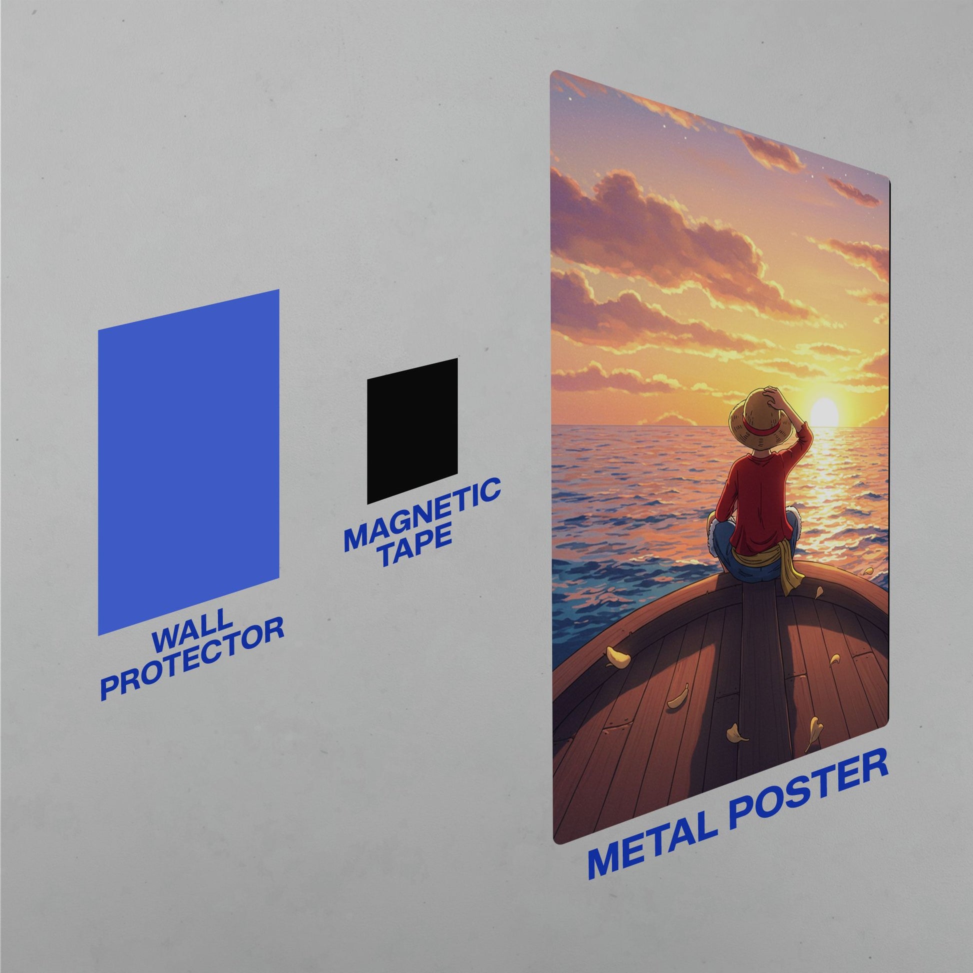 Luffy One Piece Sunset Metal Poster hanging kit including a protective wall leaf and heavy-duty magnetic mounting tape