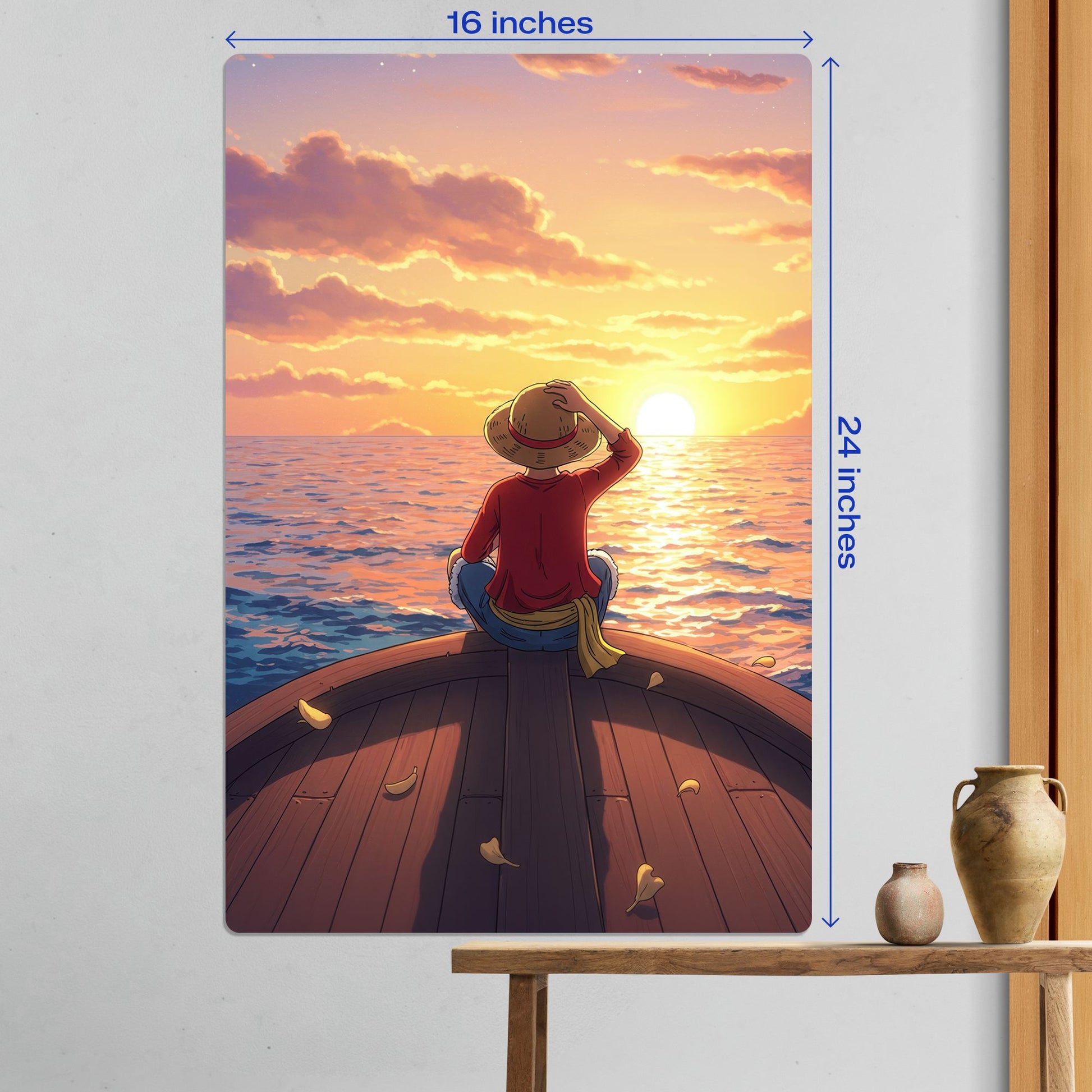 Luffy One Piece Sunset Metal Poster large 16x24 inch edition creating a stunning focal point in a modern living space