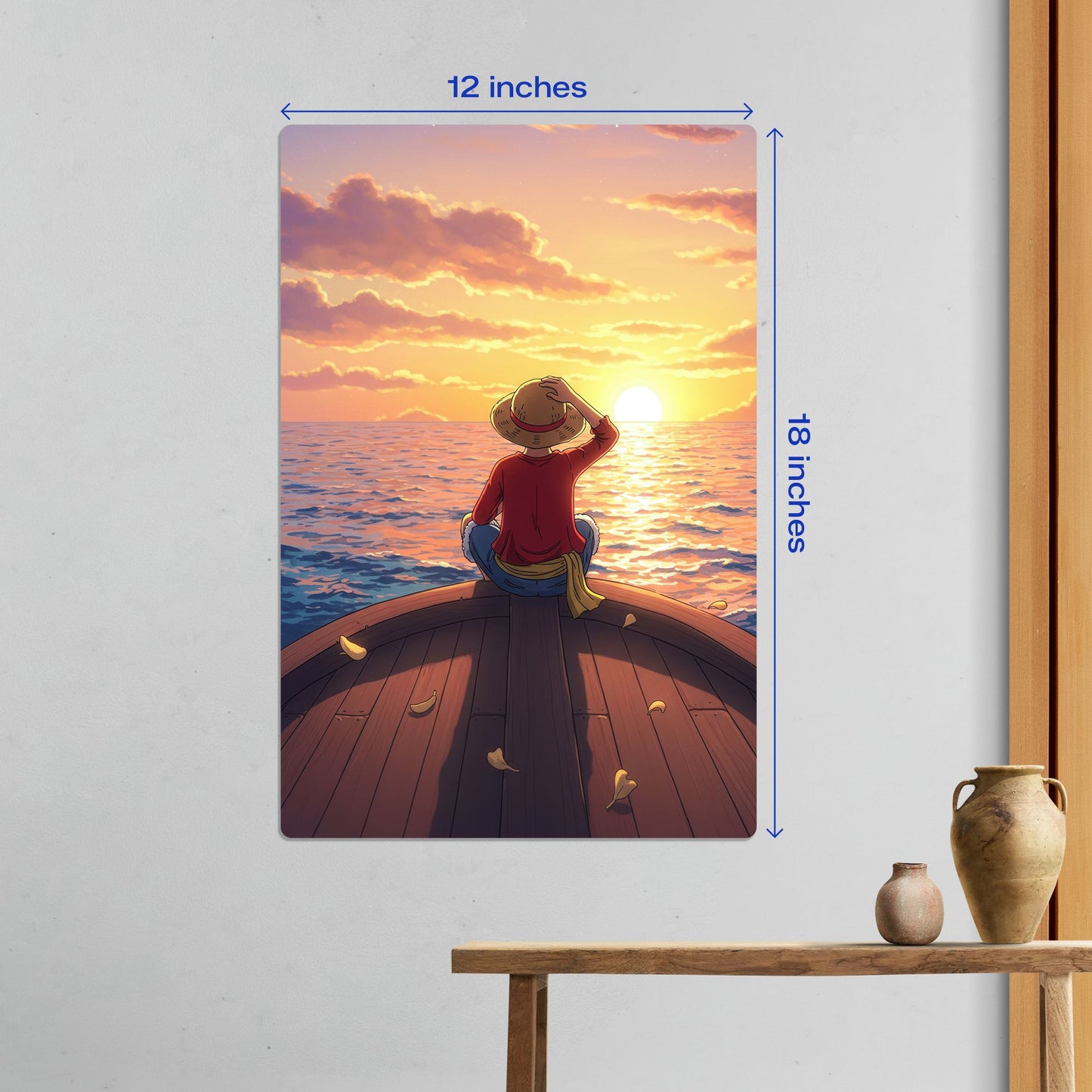 Luffy One Piece Sunset Metal Poster medium 12x18 inch size shown in a bright interior to demonstrate ideal wall coverage