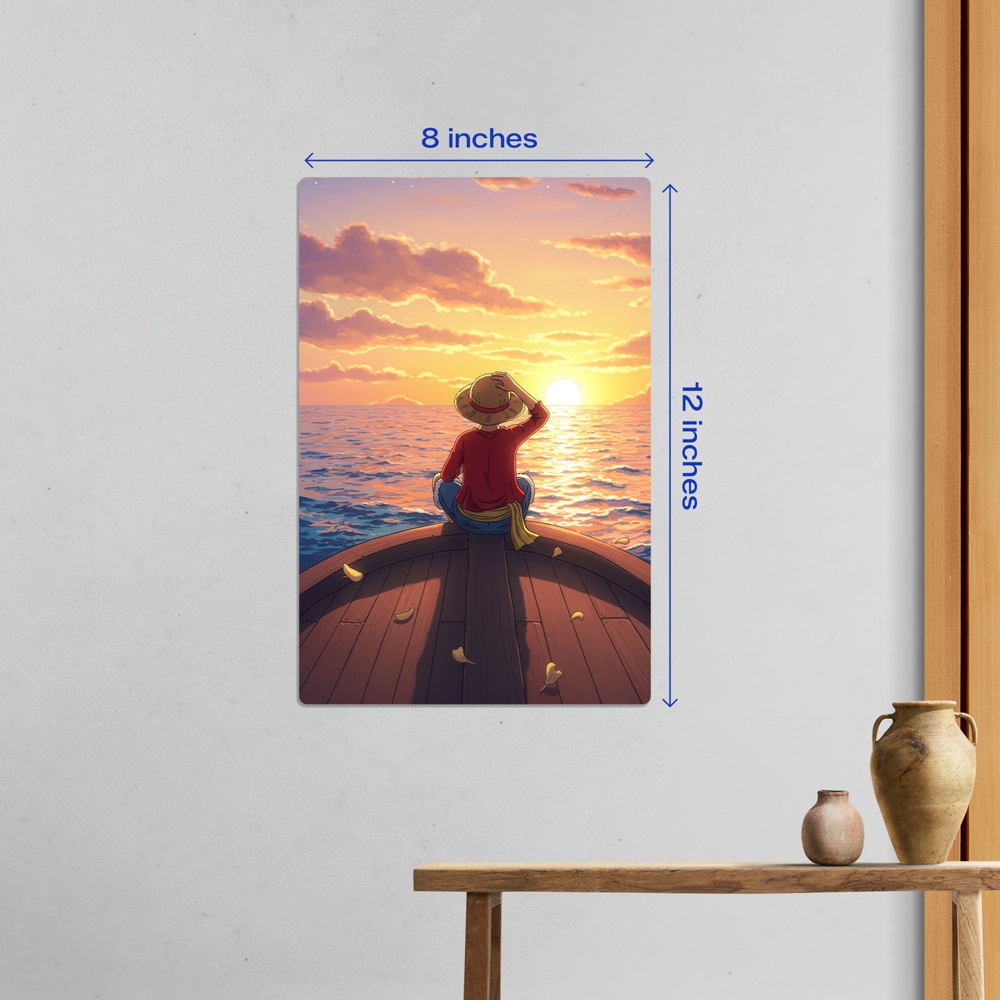 Luffy One Piece Sunset Metal Poster small 8x12 inch version styled above a rustic wooden table for a compact decor touch
