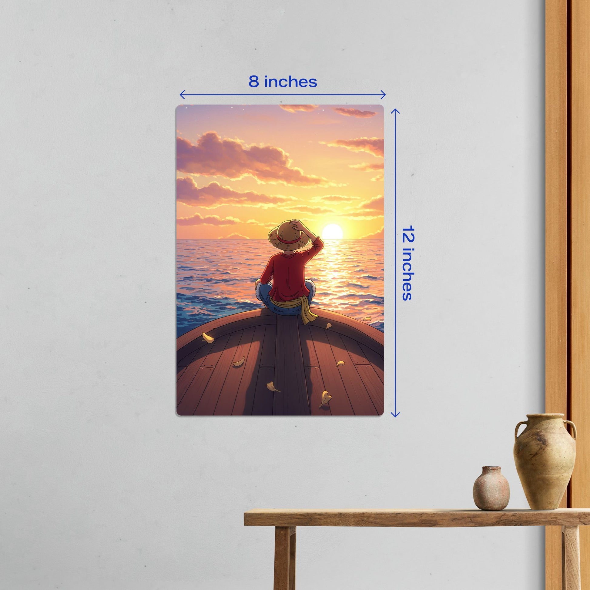 Luffy One Piece Sunset Metal Poster small 8x12 inch version styled above a rustic wooden table for a compact decor touch