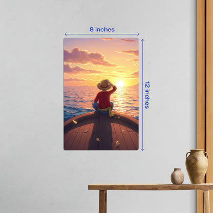 Luffy One Piece Sunset Metal Poster small 8x12 inch version styled above a rustic wooden table for a compact decor touch