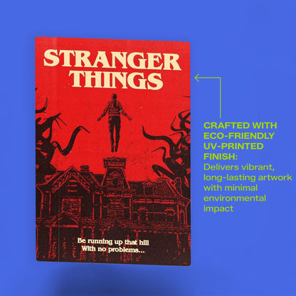 Stranger Things Max Mayfield wall art featuring an eco-friendly UV-printed finish for long-lasting vibrant color on a blue background.