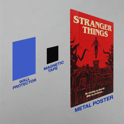Stranger Things metal poster mounting kit including a blue wall protector and black magnetic tape for easy damage-free installation.