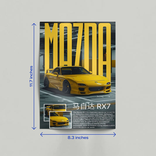 Large Mazda RX-7 FD yellow JDM sports car poster leaning against a wall in a modern room for interior design inspiration.