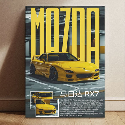 Yellow Mazda RX-7 FD JDM underground garage art poster in A4 size measuring 8.3 by 11.7 inches for automotive decor.