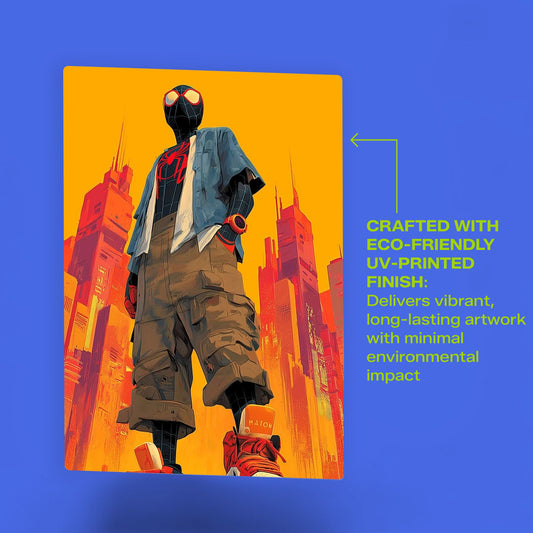 Eco-friendly UV-printed metal poster of Miles Morales from the Spider-Verse with long-lasting colors and minimal environmental impact.