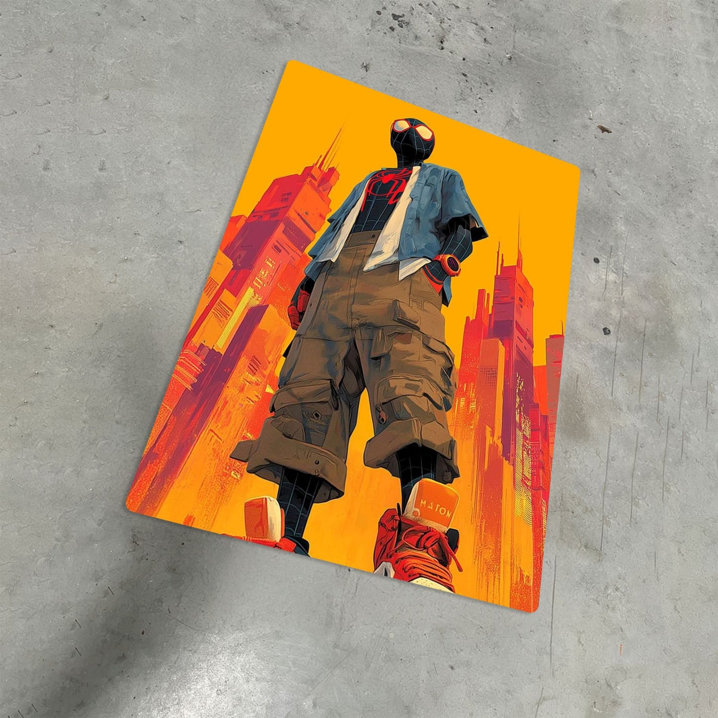 Miles Morales Spider-Verse metal poster featuring Miles in a stylized urban setting with vibrant yellow and orange tones.