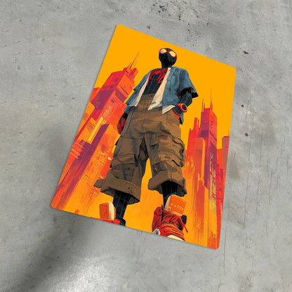 Miles Morales Spider-Verse metal poster featuring Miles in a stylized urban setting with vibrant yellow and orange tones.