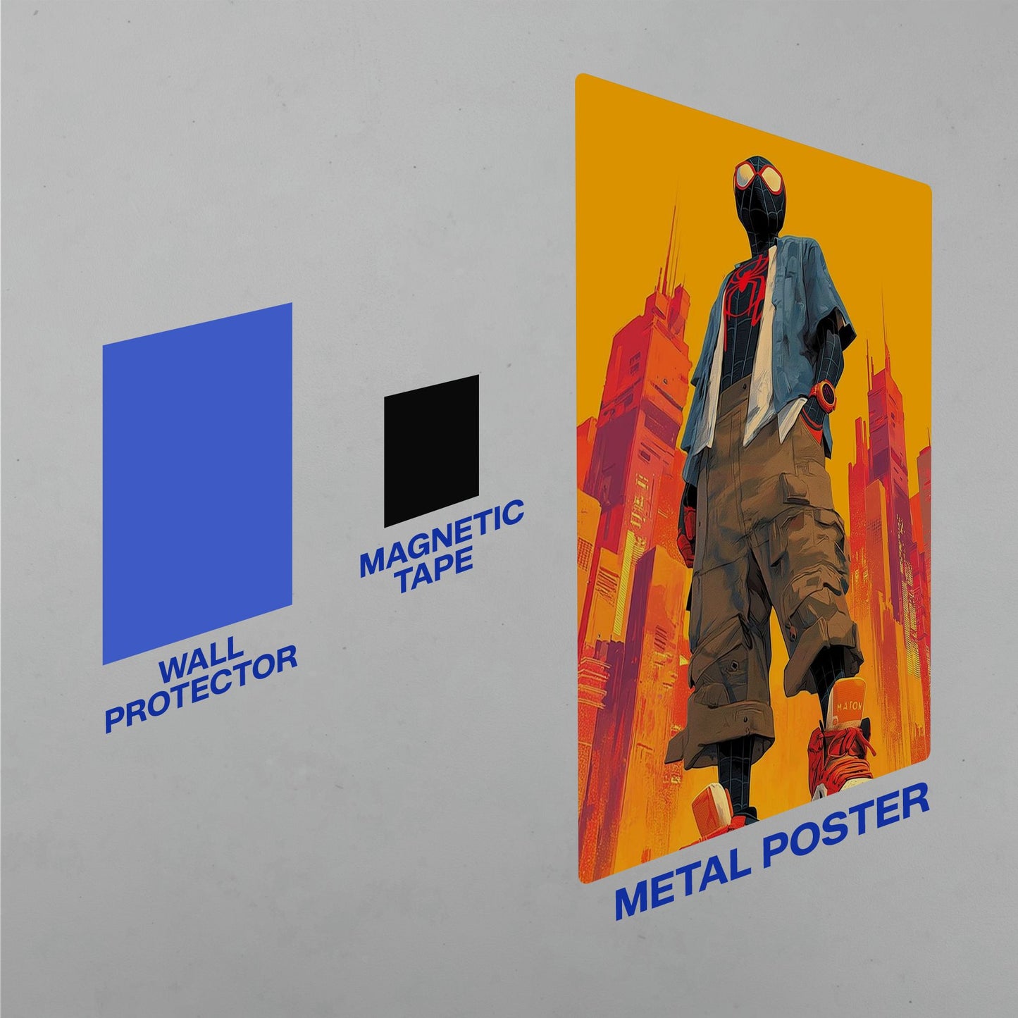 Damage-free wall mounting kit for superhero metal posters including a blue wall protector and a black magnetic tape.