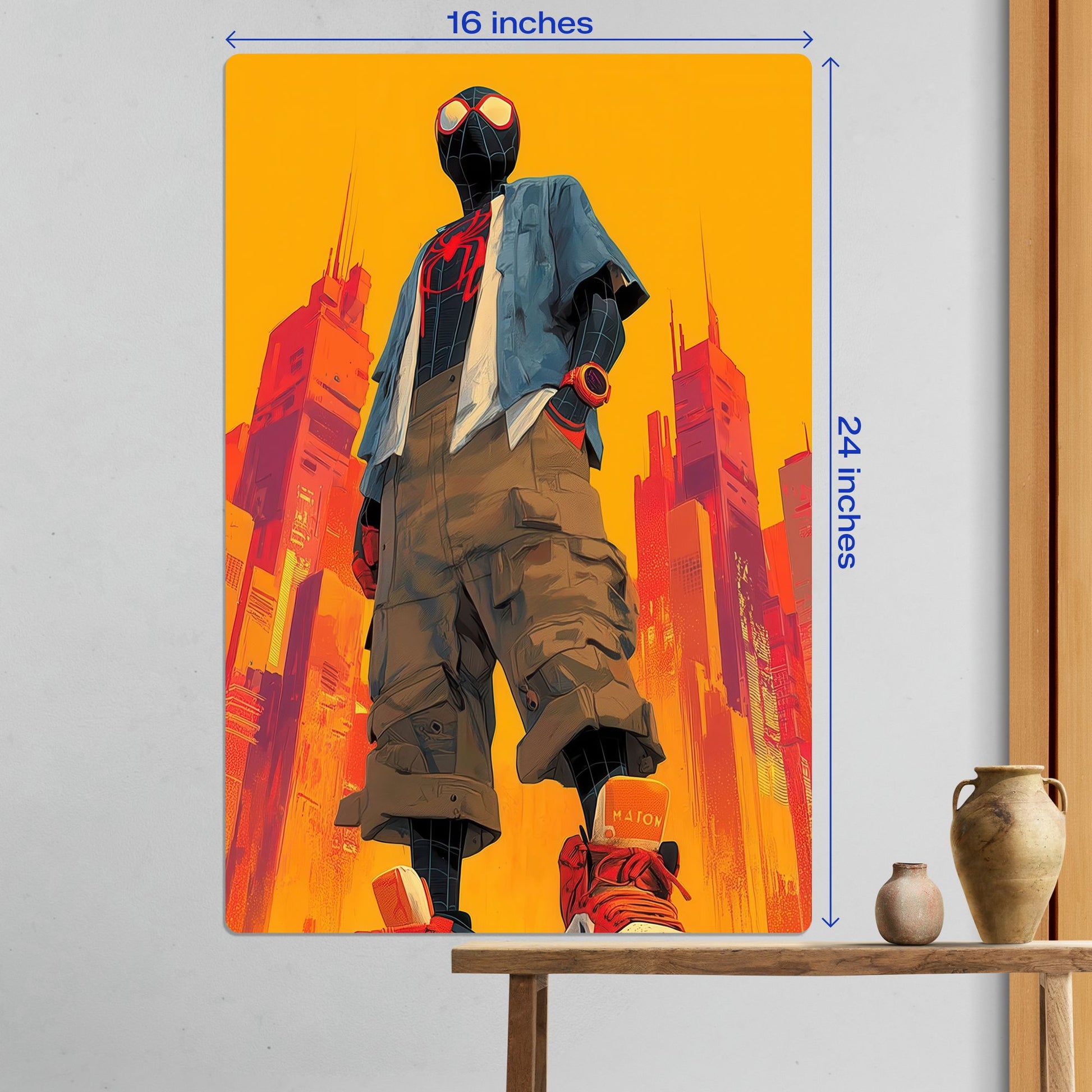Large 16 by 24 inch Miles Morales Spider-Verse metal poster displayed on a white wall in a modern living space.