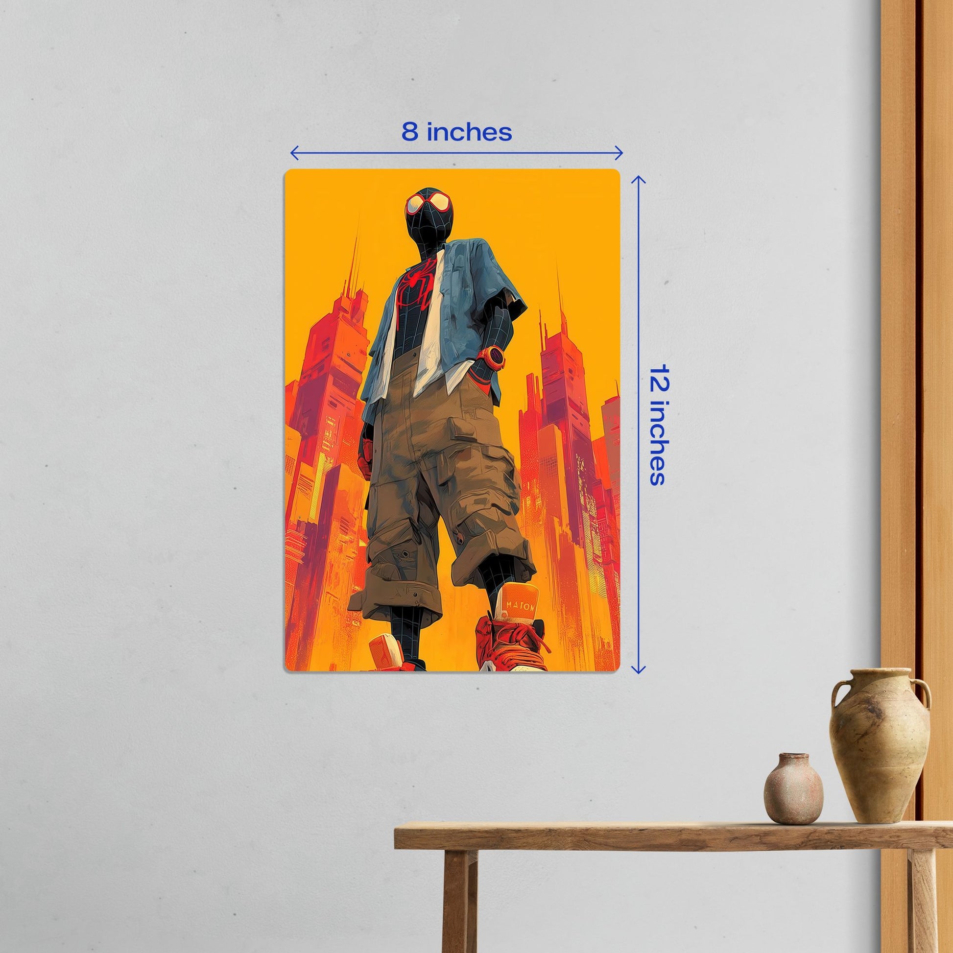 Small 8 by 12 inch Miles Morales Spider-Verse metal poster ideal for bedroom or small workspace wall decor.