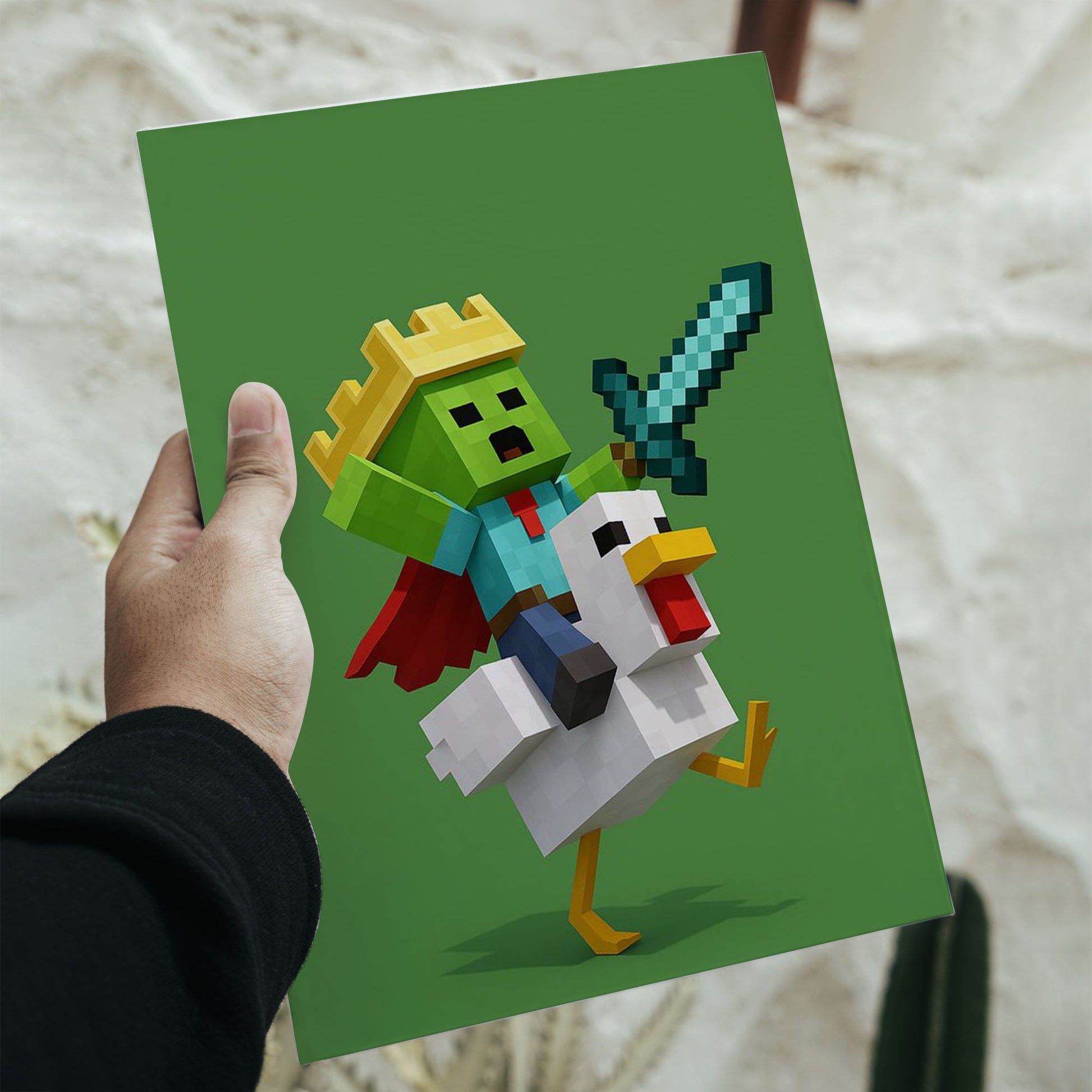 Minecraft wall art poster showing dimensions 11.7 by 16.5 inches featuring a Zombie King riding a chicken.