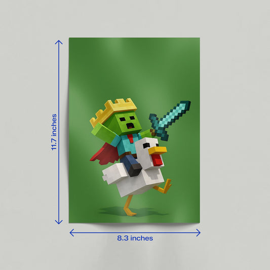 Minecraft Zombie King riding a chicken gaming poster leaning against a wall in a modern home interior.