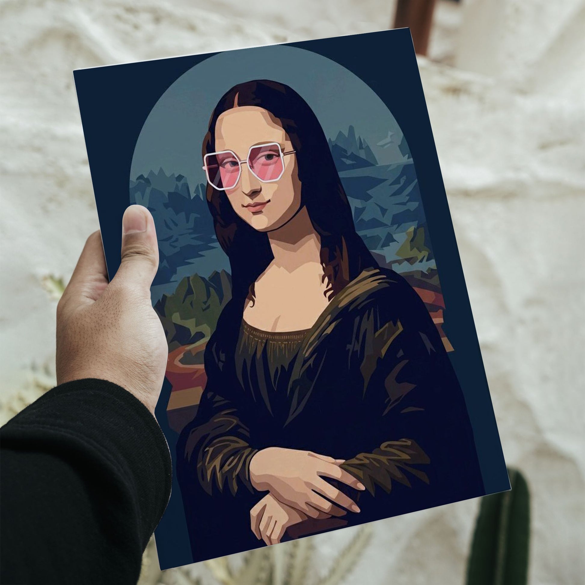 Mona Lisa pop art poster with pink sunglasses and dimensions 11.7 by 16.5 inches for modern wall decor.
