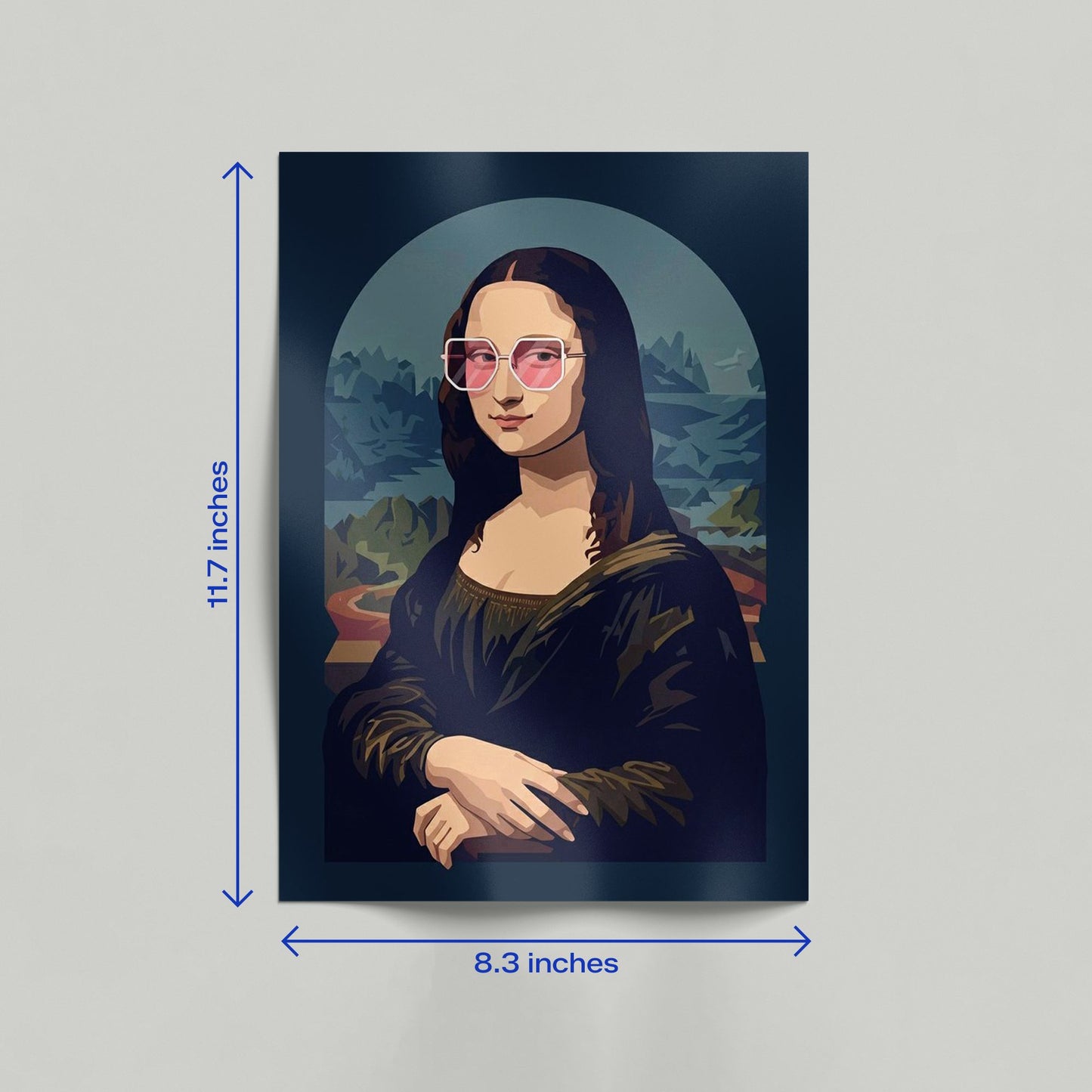 Mona Lisa pop art poster with pink shades leaning against a wall in a stylish room for aesthetic decor.