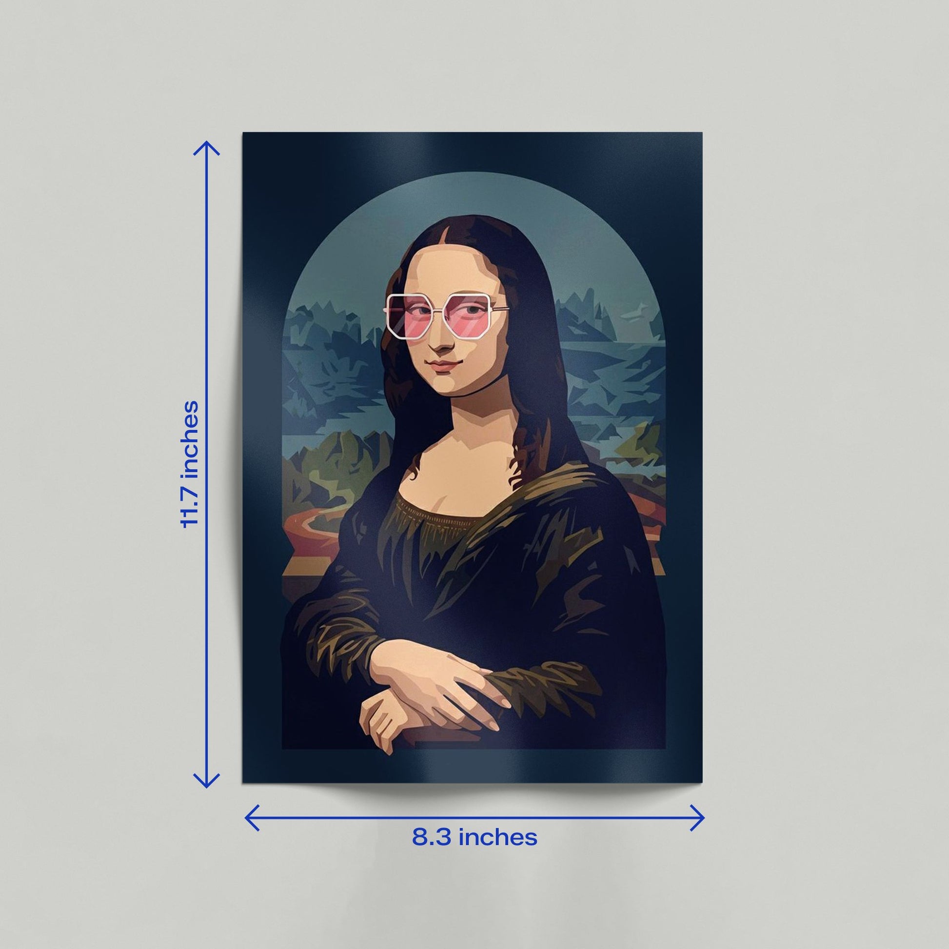 Mona Lisa pop art poster with pink shades leaning against a wall in a stylish room for aesthetic decor.